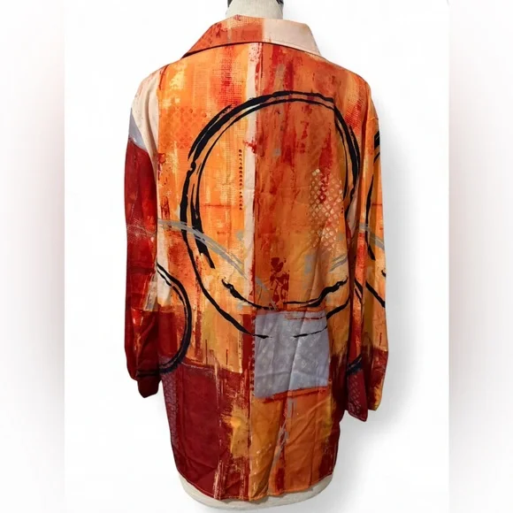Abstract Red Orange Quilted Button-Up Blouse Women’s XXL Vibrant Print - Picture 2 of 3